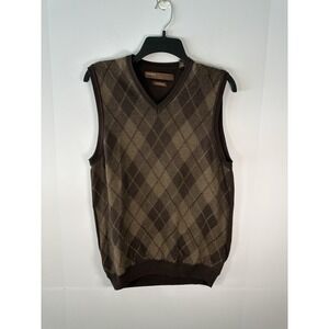VTG 90s  Perry Ellis SILK Sweater Vest Men's S Brown Plaid Geometric Preppy Golf
